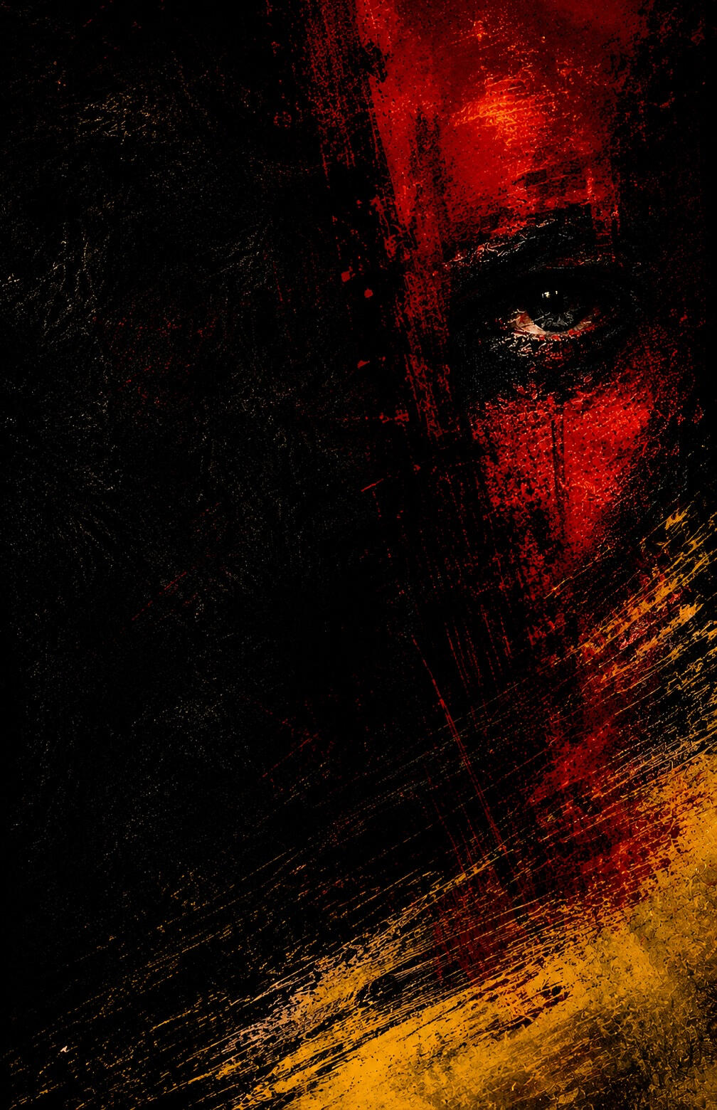 Dark, textured digital artwork depicting half of a human face emerging from shadow, with one illuminated eye, deep red and black tones, and sweeping gold brushstrokes symbolizing hidden identity and inner conflict.