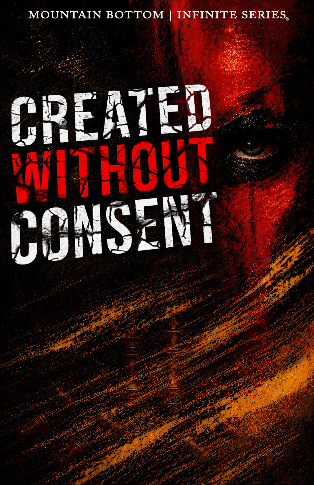 Dark, textured digital artwork depicting half of a human face emerging from shadow, with one illuminated eye, deep red and black tones, and sweeping gold brushstrokes symbolizing hidden identity and inner conflict.